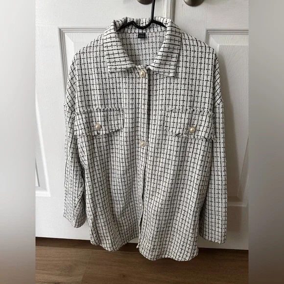 Women's Pearl Button Black and White Checkered Plaid Shacket Shirt Jacket - Picture 1 of 7